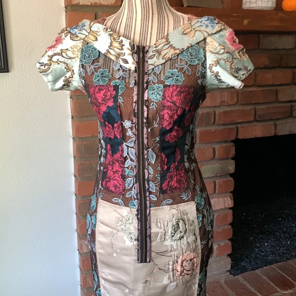 Anthropologie Byron Lars “Beguile” Pieced Brocade Dress Embroidered Floral Sz 2P - Picture 6 of 16